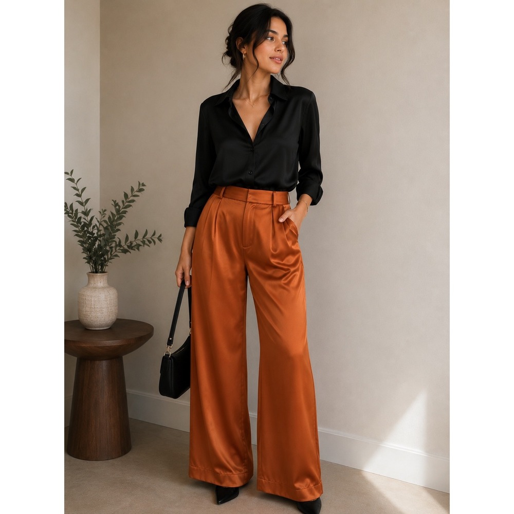 Bar III Womens Satin Wide Leg Pants Burnt Orange High Rise Trousers Small